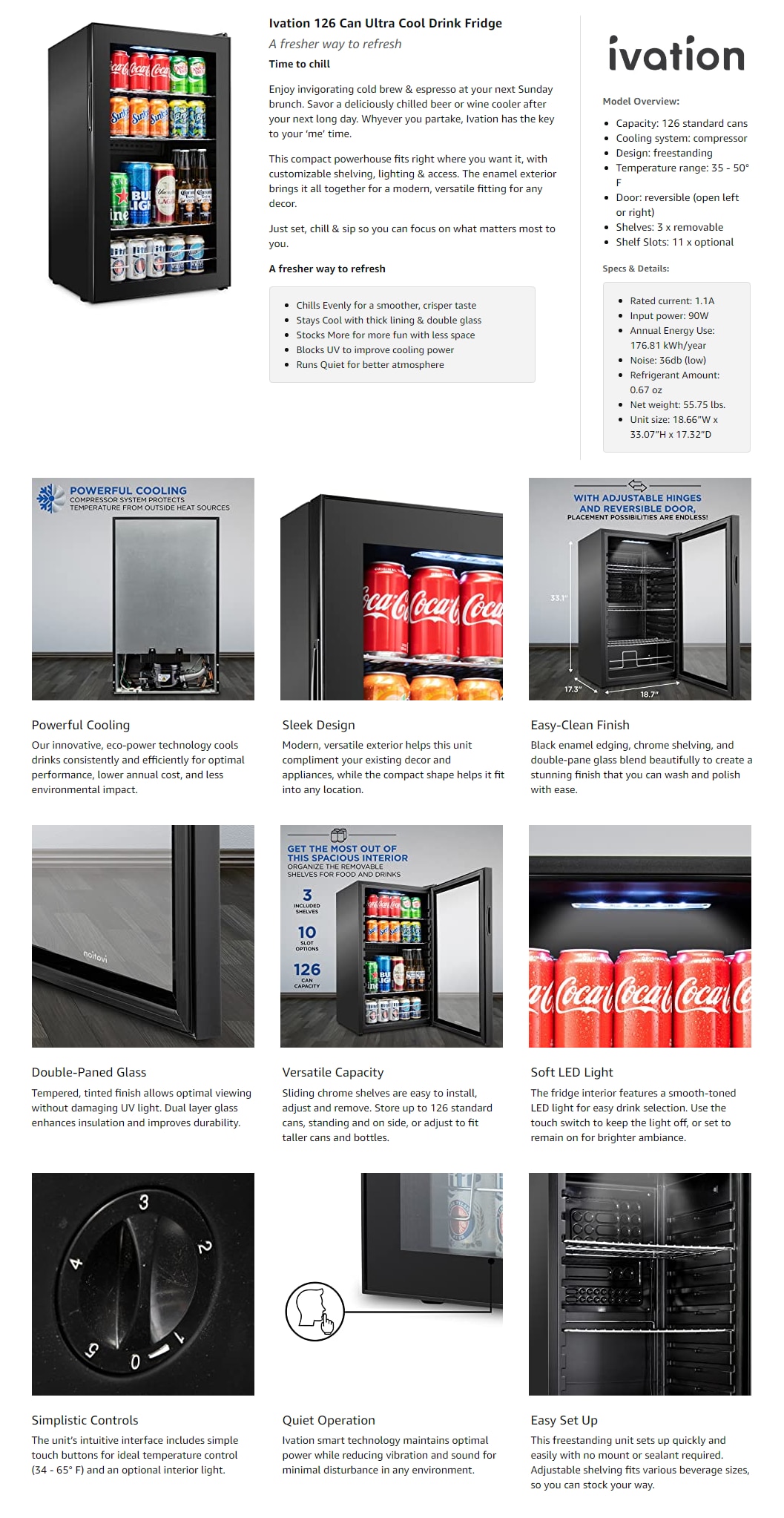 Ivation 19 in. 126 Can Freestanding Beverage Refrigerator Ultra Cool